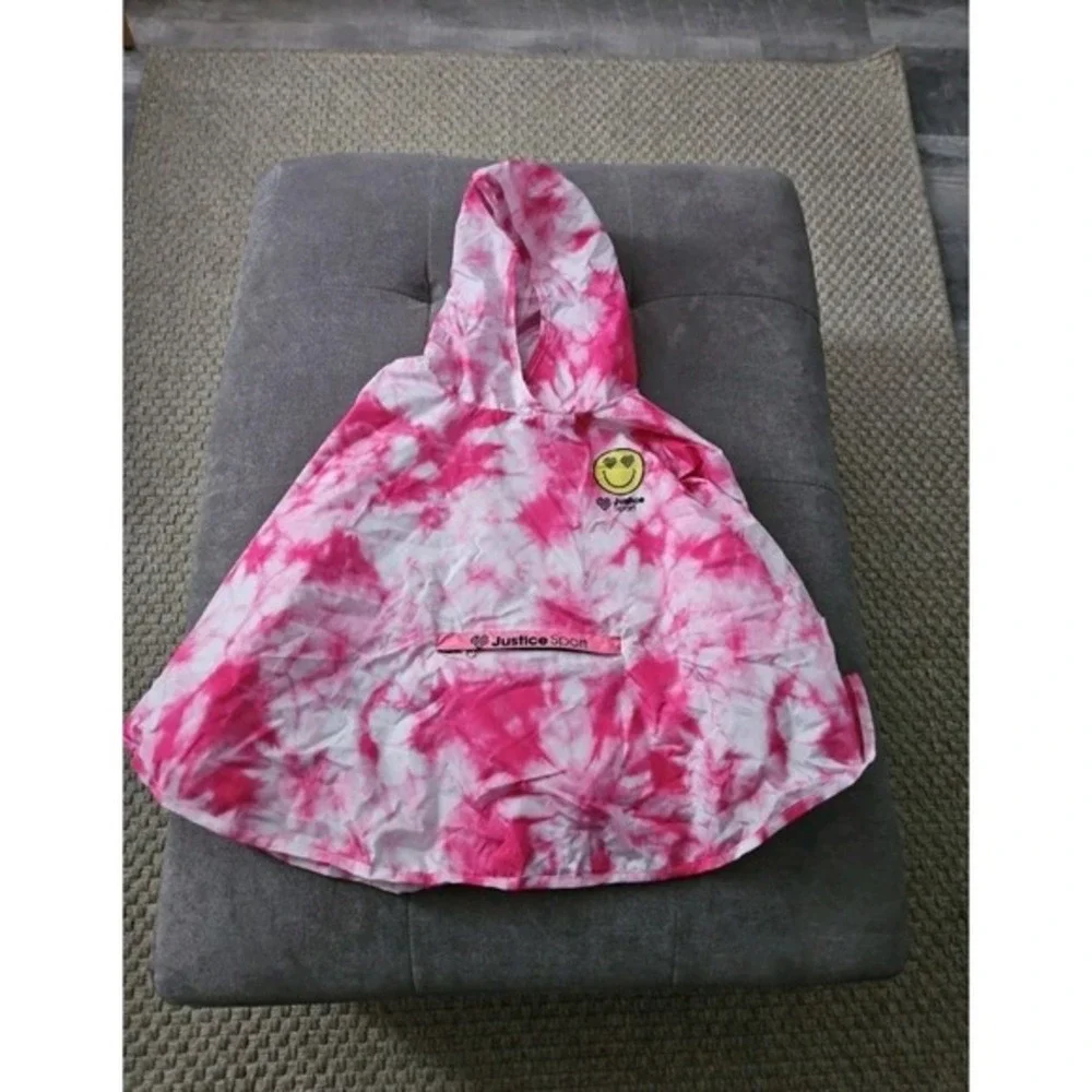 Justice Sport Girls Pink Tie Dye Packable Rain Poncho Hooded One Size Fits‎ All